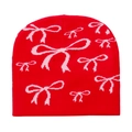 Detaillierte Nahaufnahme der roten Strickmütze mit rosa Schleifenmuster und feiner Naht - Rot Mit Rosa Schleife / Rot