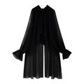 Langer schwarzer Chiffon-Cardigan für Damen mit Rüschenärmeln und Schlitzsaum - S / Schwarz