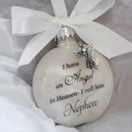 Memorial pearl white feather ball ornament with silver angel charm for nephew - Nephew