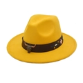 Detail of yellow fedora featuring a leather band with bull skull ornament and floral embroidery - M (56-58cm) / Yellow