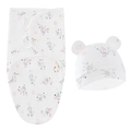 Detail of baby swaddle set with cute cartoon animals and adjustable hook and loop fastener - Pink Angel Girl Bear Swaddle + Hat Set