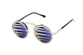 Detail view of silver punk flip-up sunglasses with hollow 'YOU' letters and blue round lenses - YOU Letter Style