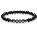 Polished black agate and metallic hematite beaded stretch bracelet on a white background - 6mm Glossy Stone + Hematite