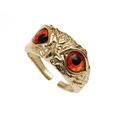 Golden owl open ring with red eyes and detailed relief texture on a clean white background - Adjustable Open / Red