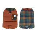 Reversible orange quilted dog vest with classic plaid lining and durable D-ring - M / Brown Green Plaid