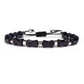 Blue sandstone beaded bracelet with bamboo tube charms and adjustable woven cord strap - Dumbbell Beads / Blue Sandstone