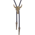 Vintage Bolo-Krawatte mit bronzenem Stierschädel, schwarzer Lederkordel und Metallspitzen - Bronze