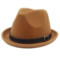 Chapeau fedora classique en feutre de laine marron avec ruban noir et boucle argent - M (56-58cm) / Camel (Petit bord bouclé + Ceinture noire)