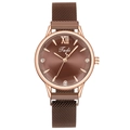 Detailed close-up of sunburst brown watch dial with crystal indices and magnetic mesh strap - Brown