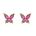 Detail of gold butterfly earrings with magenta marquise and light purple round crystals - Gold Rose Red & Purple Zircon
