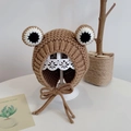 Brown knitted baby hat with frog eyes and earflaps for winter warmth and comfort - Coffee Frog - Not Lined