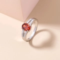 Silver ring with oval red gemstone and white zircon micro-pave setting on band - Adjustable Open / Red Oval Gemstone/Bifurcated Band
