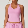 Pink halter neck yoga vest and drawstring shorts set in smooth elastic fabric - S / Tops / Rose Pink