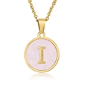 Gold stainless steel letter I necklace with round pink shell inlay for women - Gold I (With Chain)