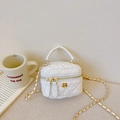 White quilted mini handbag for girls with gold camellia detail and chain strap - White (9788)