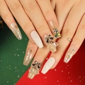 Christmas press-on nails with silver bows, bells, and rhinestone trees on long square tips - Clear Nude Bow Bell Tree (JP2780)