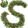 9ft pre-lit Christmas garland with realistic green pine needles and natural pinecones - SYG103 (With Timer Battery Light)