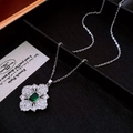 Exquisite silver flower necklace with emerald square stone and white crystals in a gift box - Necklace - Silver