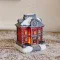 Casita de Navidad de resina con luces LED, ladrillos rojos y ventanas de luz cálida - Tipo F / Casa de Navidad Mediana