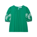 Haut vert en lin à manches bouffantes et broderie florale blanche sur fond blanc pur - XS / Haut Vert