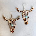 Detail of leather leopard print bull head earrings with cactus and turquoise stone - 1-Leopard Print Bull Head