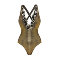 Golden metallic swimsuit with 3D floral beaded neckline and cross-back straps - S / Gold Swimsuit