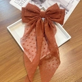 Caramel orange oversized chiffon bow hair clip with textured flocked polka dots - Long Streamer Spring Clip / Deep Orange Dots