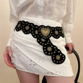 Ceinture noire en daim style ethnique avec cœurs et clous métalliques dorés soleil - 70# Rivet solaire à épissure cœur noir