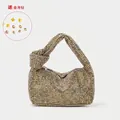 Elegant gold rhinestone hobo bag with knotted handle and sparkling crystal surface - Light gold