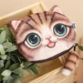 Plush brown tabby cat coin purse with 3D digital print and fluffy tail zipper charm - Brown
