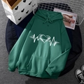 Dark green fleece hoodie with heartbeat print and kangaroo pocket for men and women - S / Tops / Dark Green