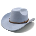Detail of light blue suede jazz hat with brown woven leather band and tassel fringe - M (56-59cm) / Light Blue (Suede)