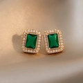 Vintage style gold earrings with green rectangle crystal and small diamonds surrounding - 1# Silver Earring Post - Green Style