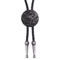 Vintage silver Western bolo tie featuring a detailed dragon relief on a round pendant - Antique Silver Dragon Necklace