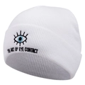 Detail of white ribbed beanie featuring blue eye embroidery and artistic typography - White