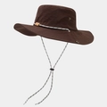 Close-up of waterproof hiking hat featuring breathable metal eyelets and adjustable chin strap - Coffee