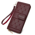 Cartera larga roja de cuero PU para mujer con bordado de corazón y correa de muñeca - Burdeos