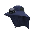 Dark blue solar fan sun hat with wide brim and long neck flap protector for outdoors - Solar Fan Style / Navy Blue