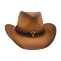 Cappello da cowboy marrone con emblema di testa di toro d'argento e fascia etnica - Taglia unica(56-58cm) / Cachi