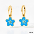 Golden flower hoop earrings with sky blue enamel petals for a sweet minimalist look - Blue Style (KDE716)