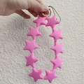 Pink silicone star bead keychain phone strap with golden metal ring accessory - Quartz Pink (10 Stars)
