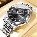Men's silver steel quartz watch with black dial and diamond markers in gift box - Butterfly Back Style / Silver Band Black Dial (Butterfly Clasp)