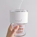 Minimalist bamboo glass coffee cup with white faux leather sleeve and glass straw - Tall Set with White Leather Sleeve (Clear)