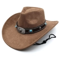 Brown western cowboy hat with metal bull head and turquoise beads on wide brim - M (56-58cm) / Light Coffee