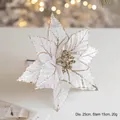 25cm white velvet poinsettia Christmas flower with silver glitter and gold stamen - Diameter 25cm (Stem 15cm) / Champagne