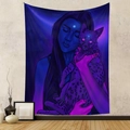 Detail of artistic wall tapestry featuring neon female figure and leopard print wild cat - Ocelot Girl Illustration (GT230141)