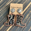 Detail view of wooden cowboy boot earrings with silver feather textures on a kraft card - Black Silver Feather Texture