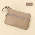 Slim apricot genuine leather coin purse with double zippers and metal keychain - Apricot