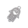 Detailed view of silver Hamsa Hand pendant with micro-pave stones and heart cutout - Platinum Hamsa Hand