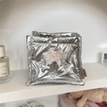 Silver quilted PU storage box with pink ribbon bow and lace detail on a shelf - Small Bow Silver